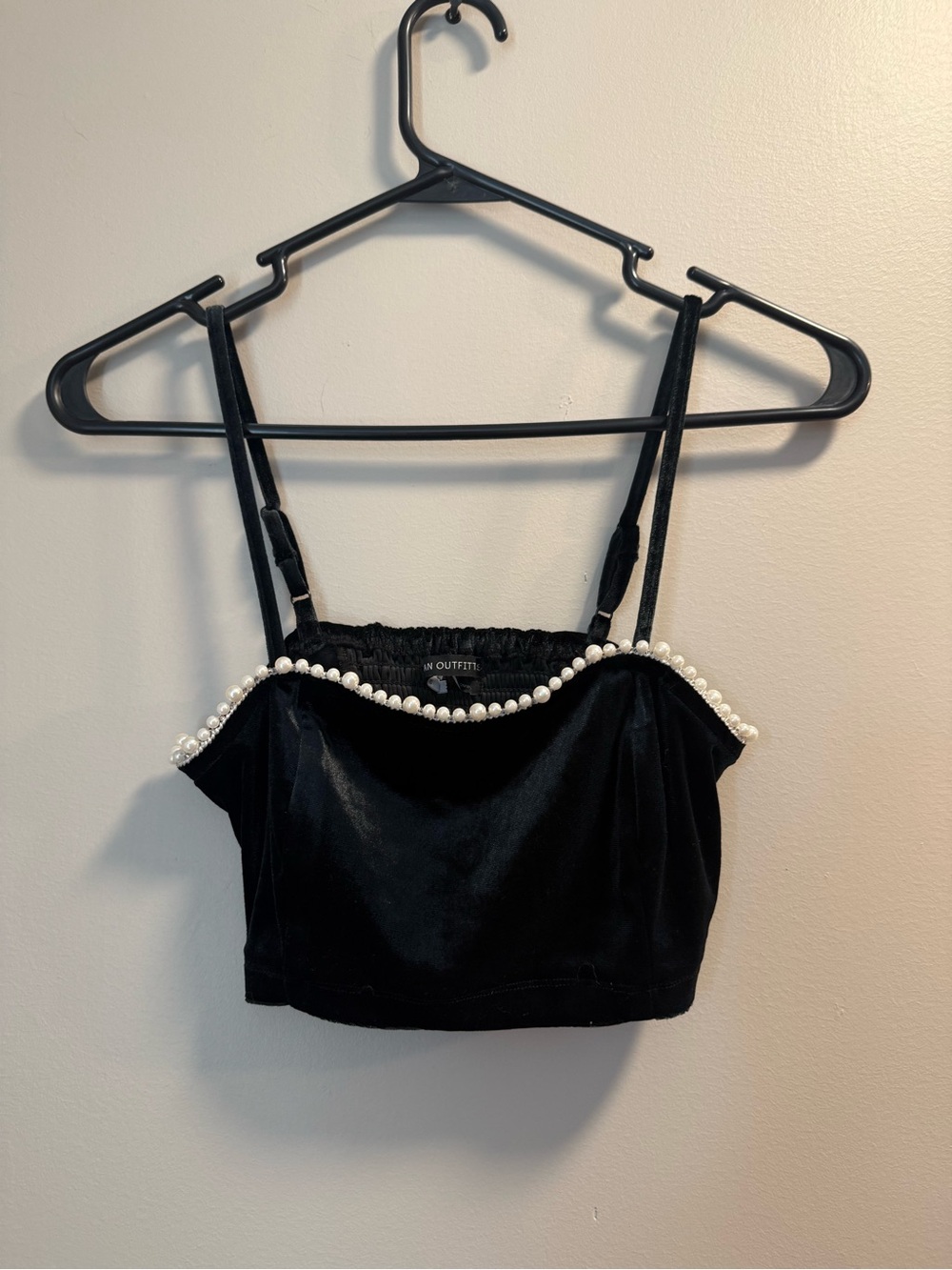 Urban Outfitters Black Velvet Pearl-Trim Crop Tank